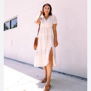 Madewell size XS Clara midi dress in plaid linen blend muted blush color $118